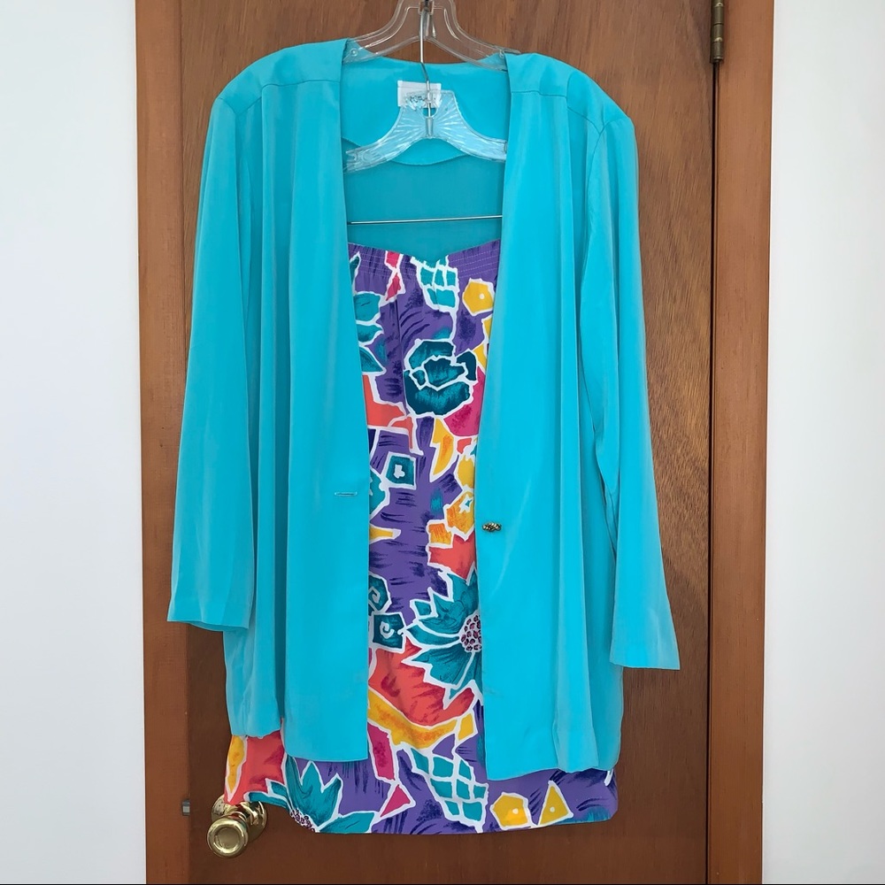 Women’s L 14-16 SG SPORT 2-PC Long AQUA Blazer & Bright MULTI Pull On Skirt Set